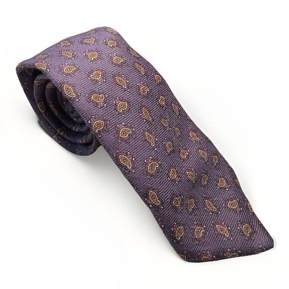 Wembley Tie Wool Silk Blend Purple Paisley Classic Pattern 3.5” x 59” - Picture 3 of 7